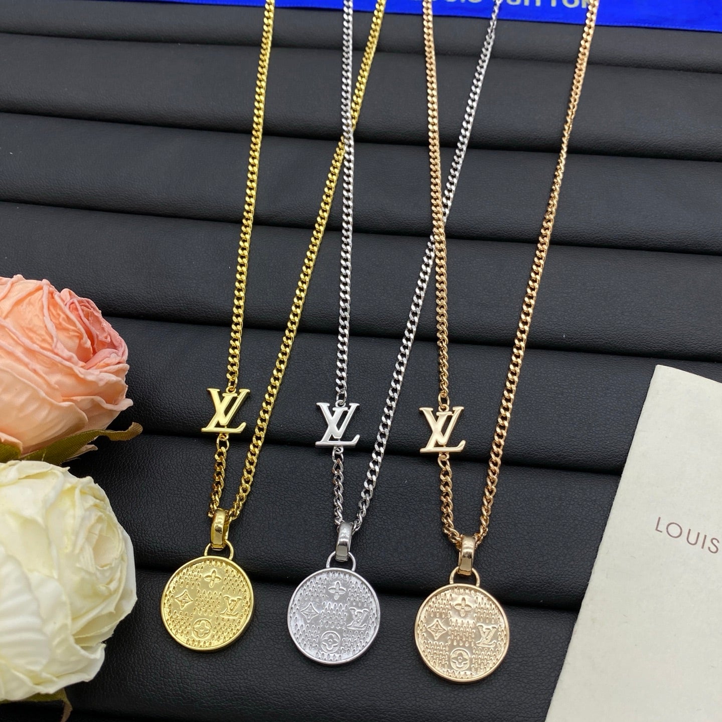 Embossed Monogram Coin Disc Pendant Cuban Chain Necklace