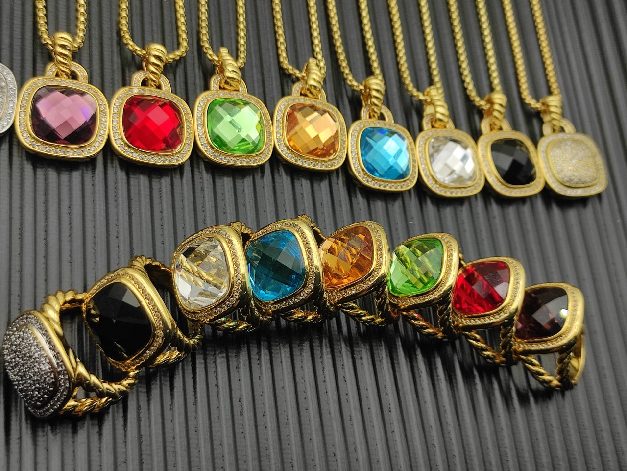 Colorful Crystal Square Pendant Necklace & Ring Set