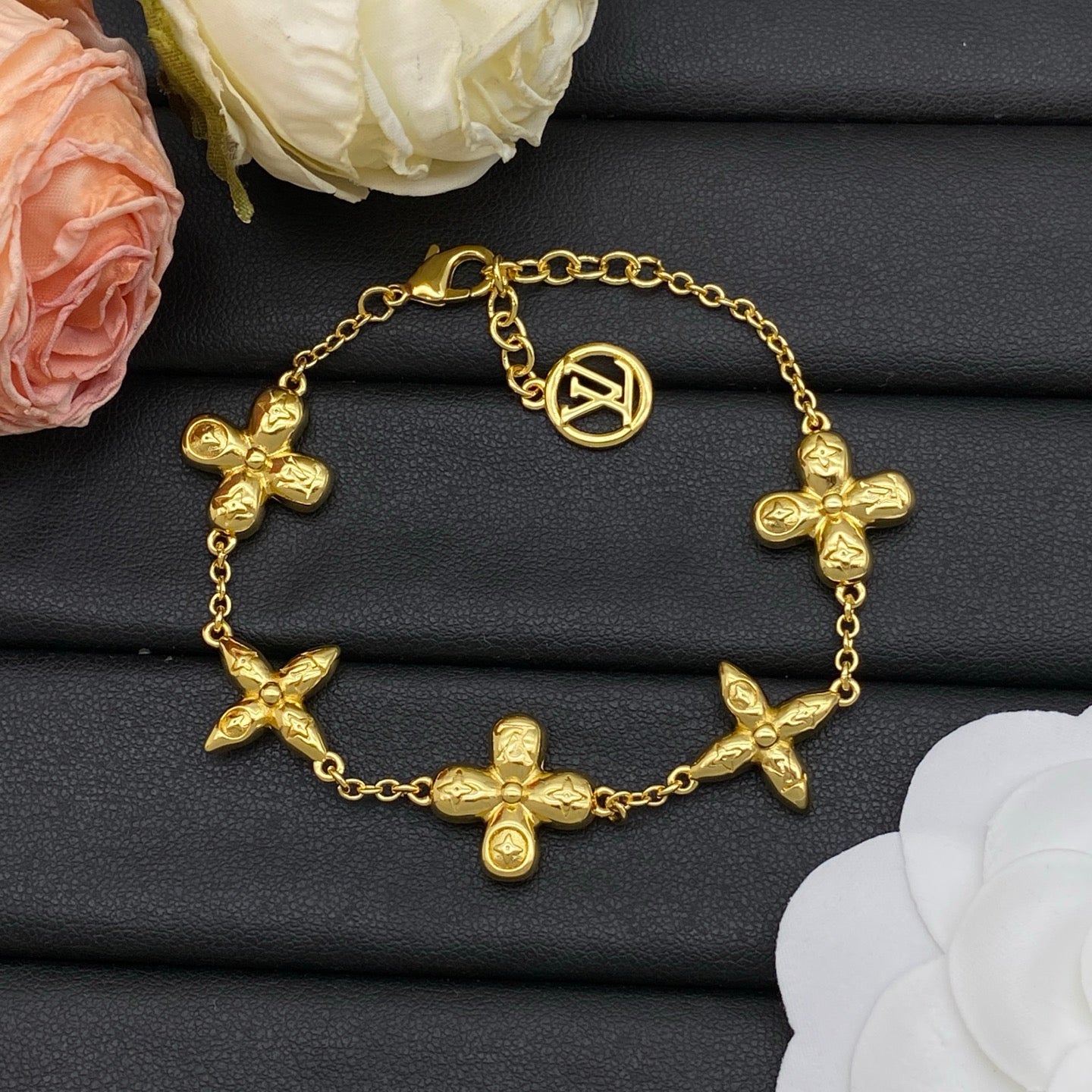 Embossed Four-Petal Flower Station Necklace & Bracelet Set