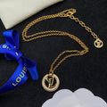 Round Rhinestone Border Logo Letter Charm Necklace & Earring Set