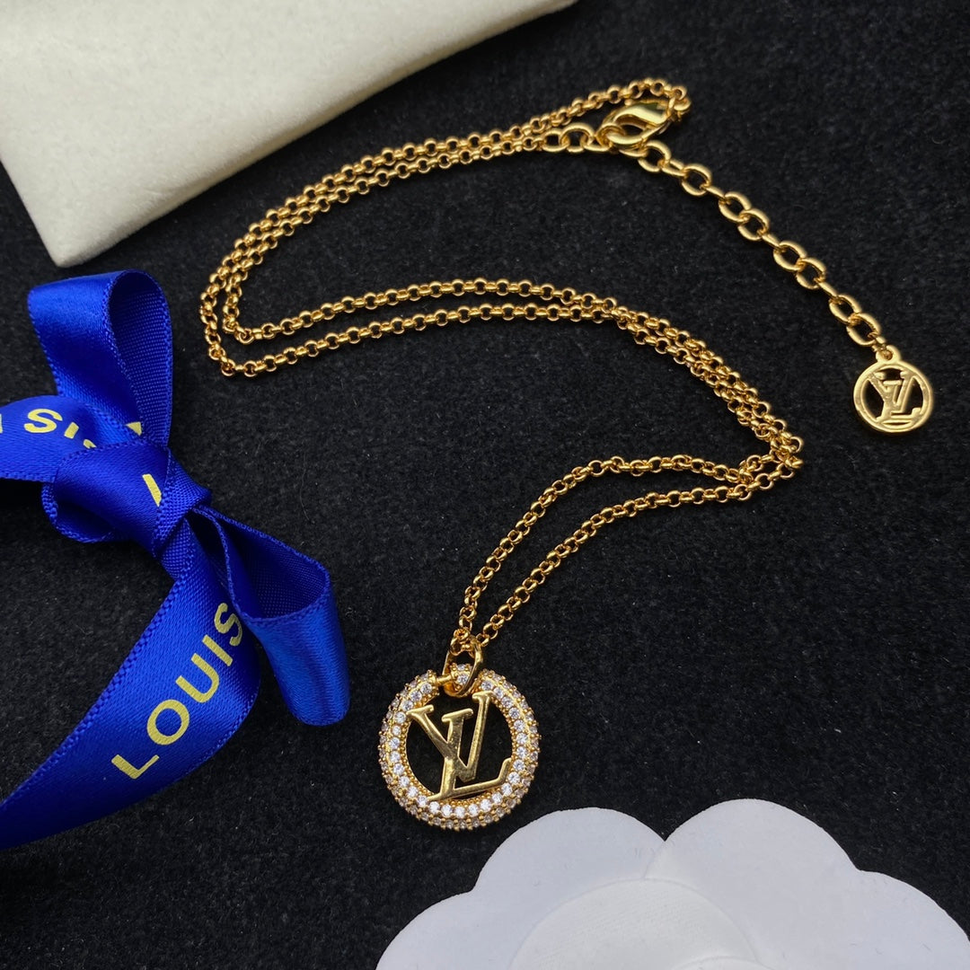 Round Rhinestone Border Logo Letter Charm Necklace & Earring Set