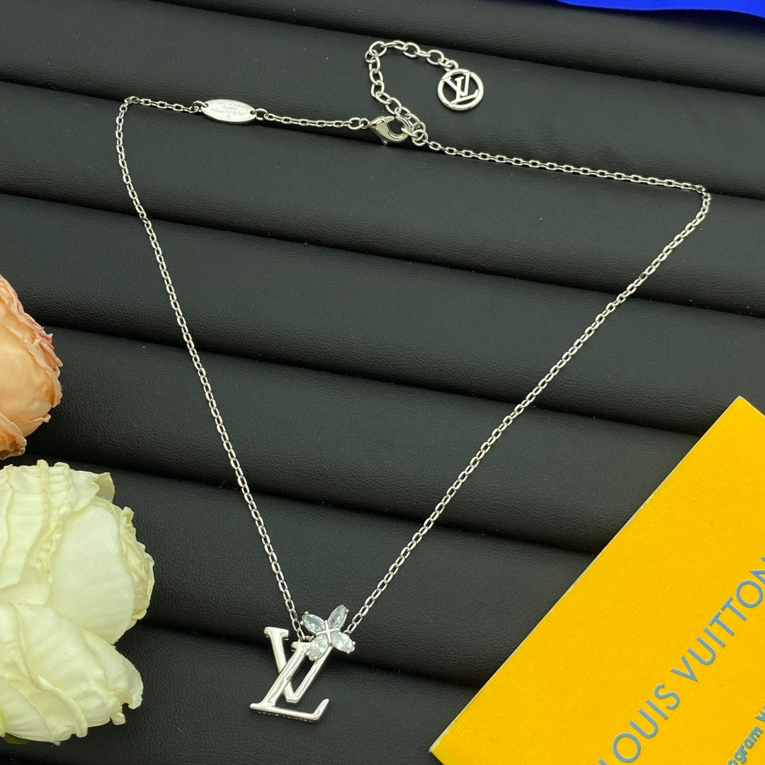 Crystal Butterfly Letter Initial Pendant Cable Chain Necklace