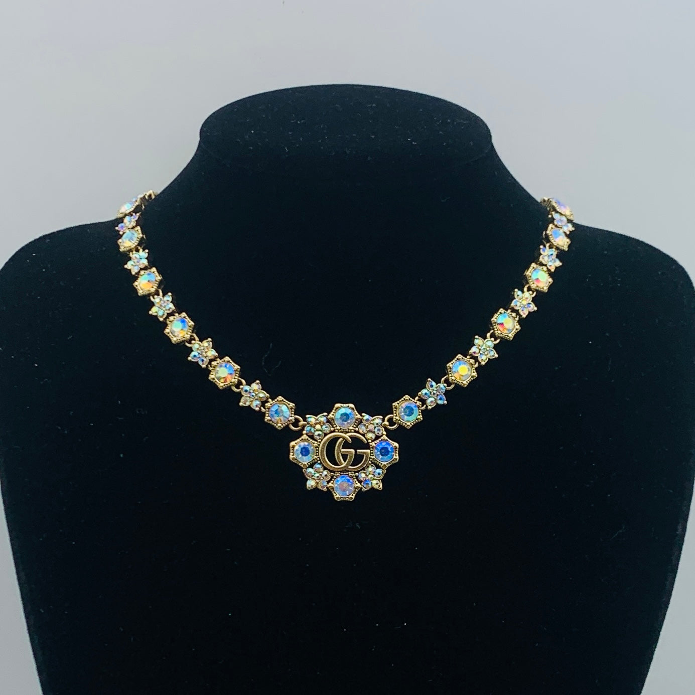 Vintage Aurora Crystal Flower Double Ring Logo Jewelry Set