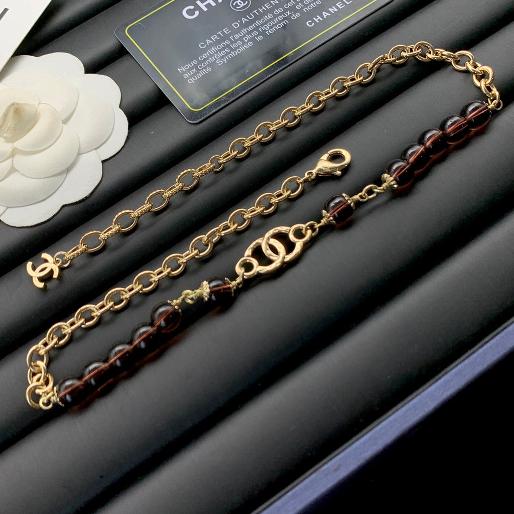 Smoky Brown Glass Bead & Gold Chain Necklace and Bracelet Set