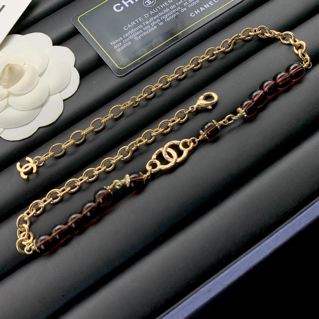Smoky Brown Glass Bead & Gold Chain Necklace and Bracelet Set