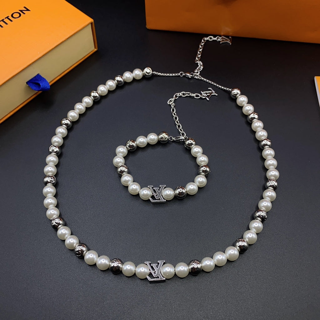 Pearl & Silver Bead Monogram Necklace & Bracelet Set