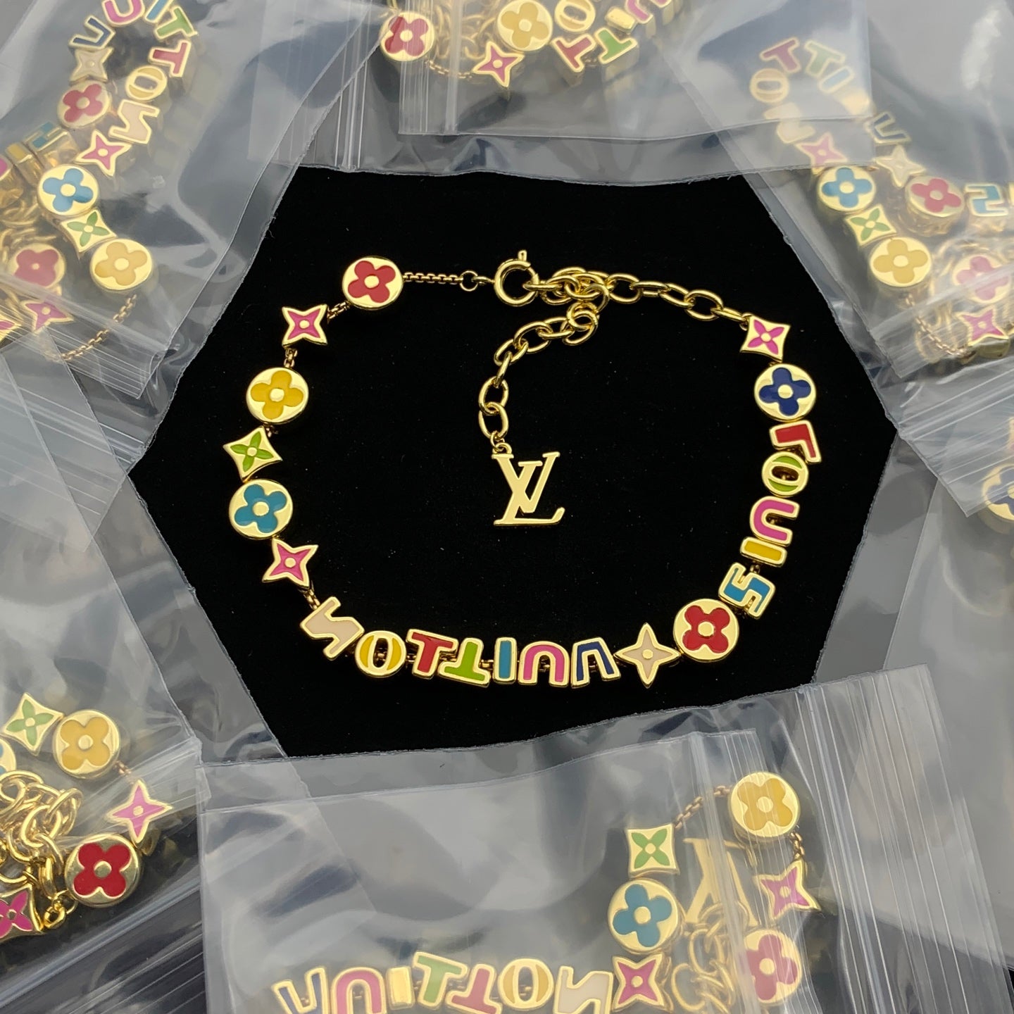 Multicolor Enamel Letter & Clover Charm Station Necklace – Colorful Logo Bead Chain