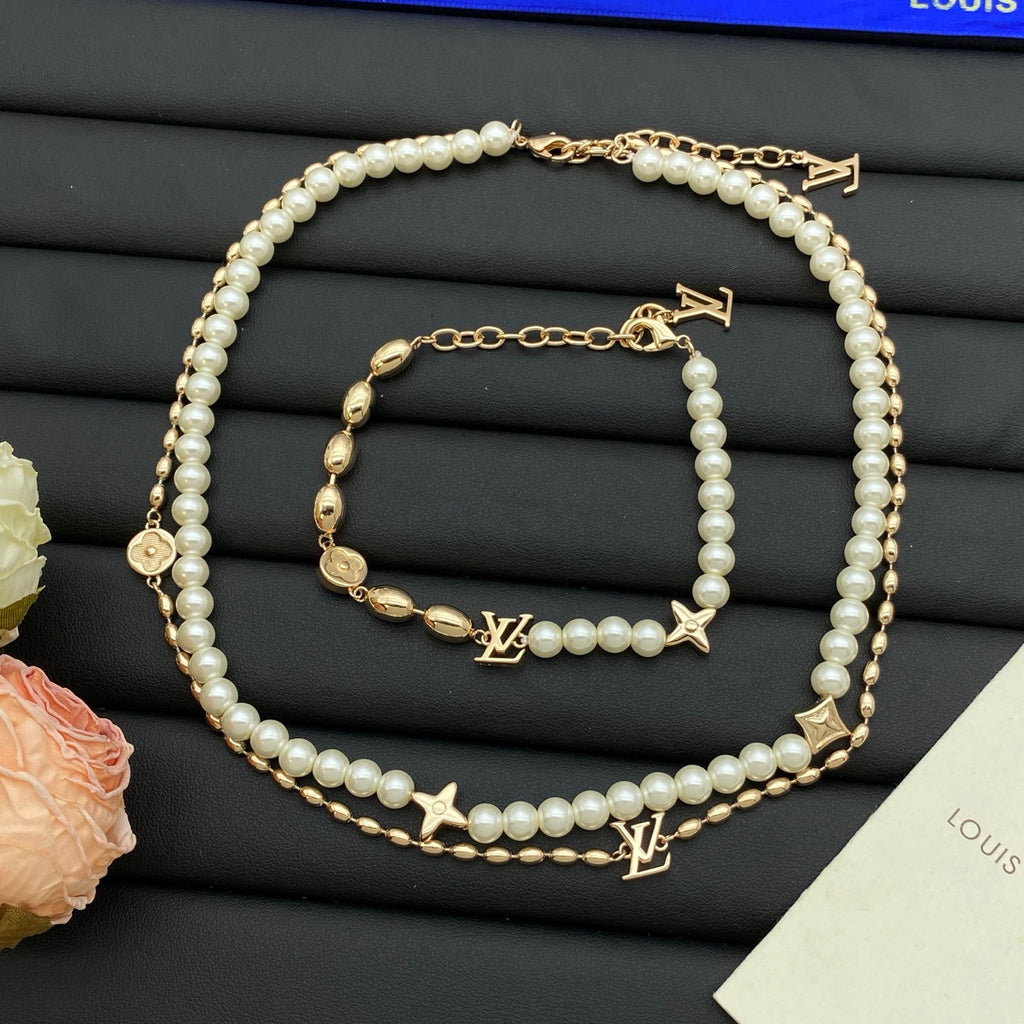 Faux Pearl & Oval Bead Star Flower Charm Necklace & Bracelet Set