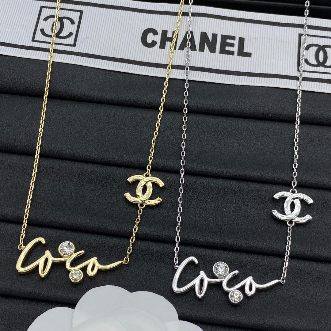COCO Script Letter & CC Logo Double Charm Pendant Necklace – Gold & Silver
