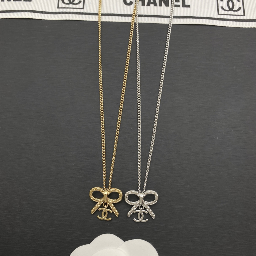 Bow Knot Logo Charm Necklace | Curb Chain | Gold & Silver Tone