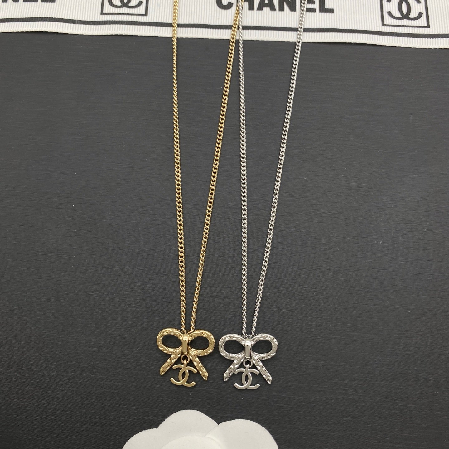 Bow Knot Logo Charm Necklace | Curb Chain | Gold & Silver Tone