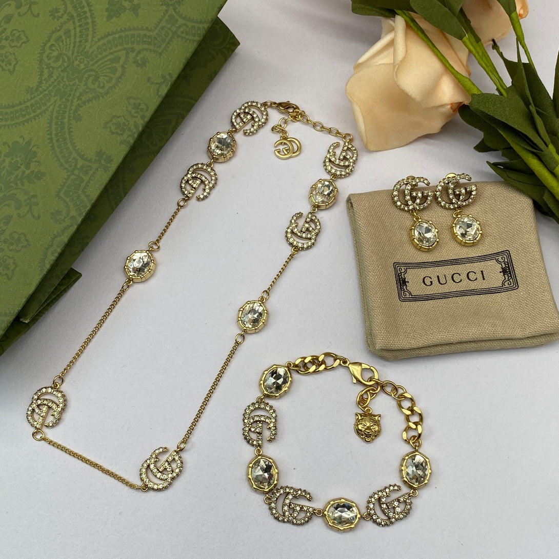 Crimson Crystal Pavé Logo Station Necklace & Bracelet Set with Drop Earrings
