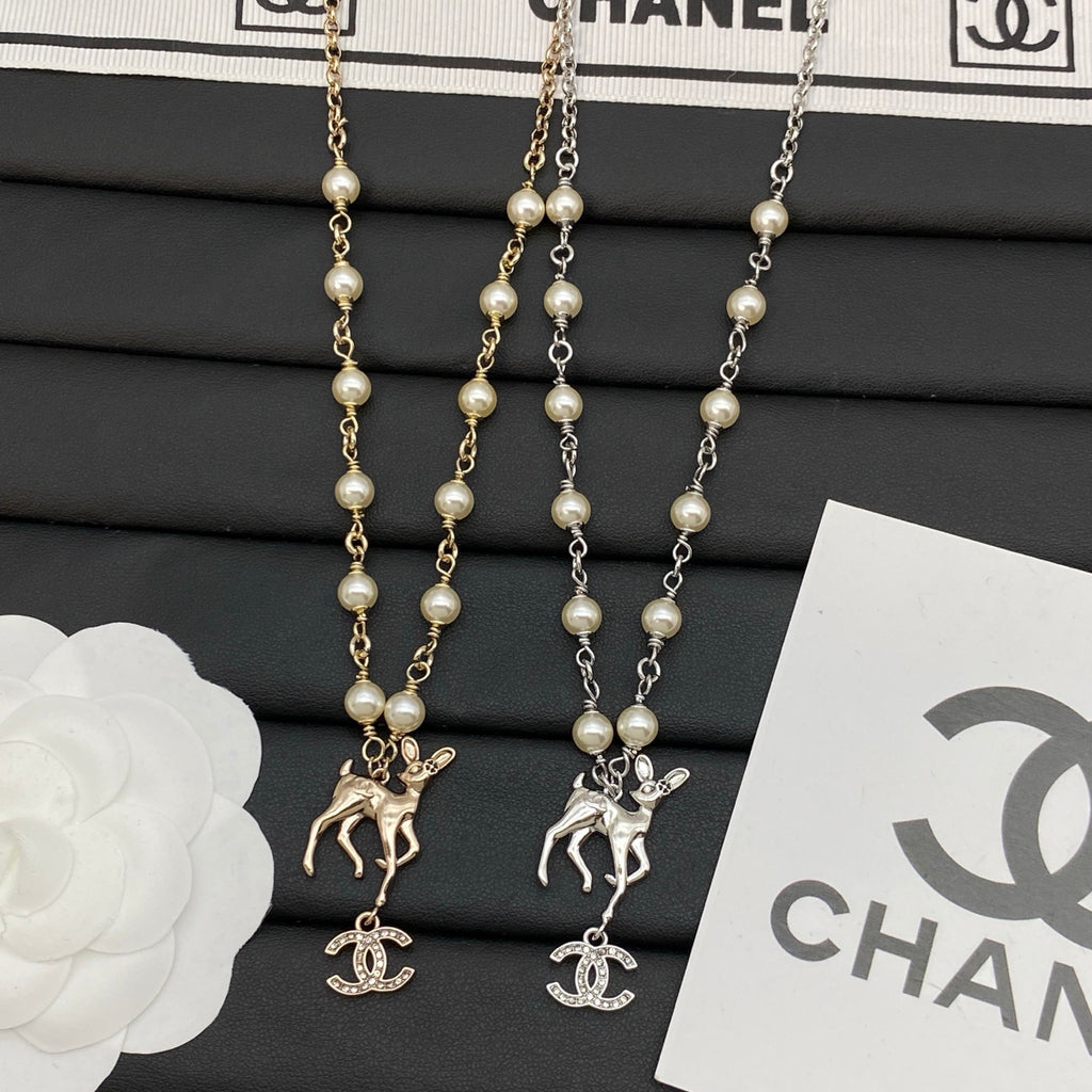 Pearl Beaded Long Necklace with Fawn & Crystal Interlocking Charm