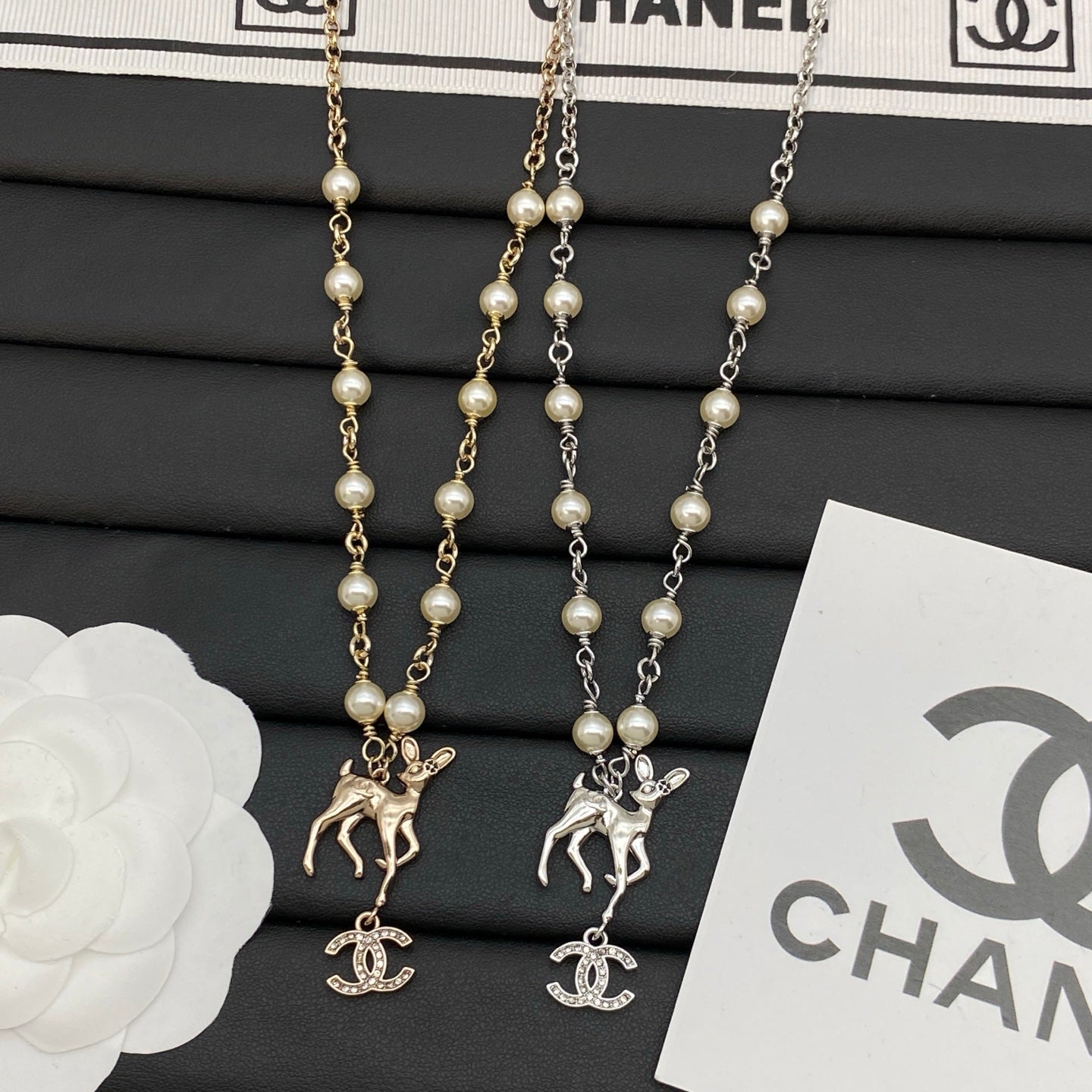 Pearl Beaded Long Necklace with Fawn & Crystal Interlocking Charm