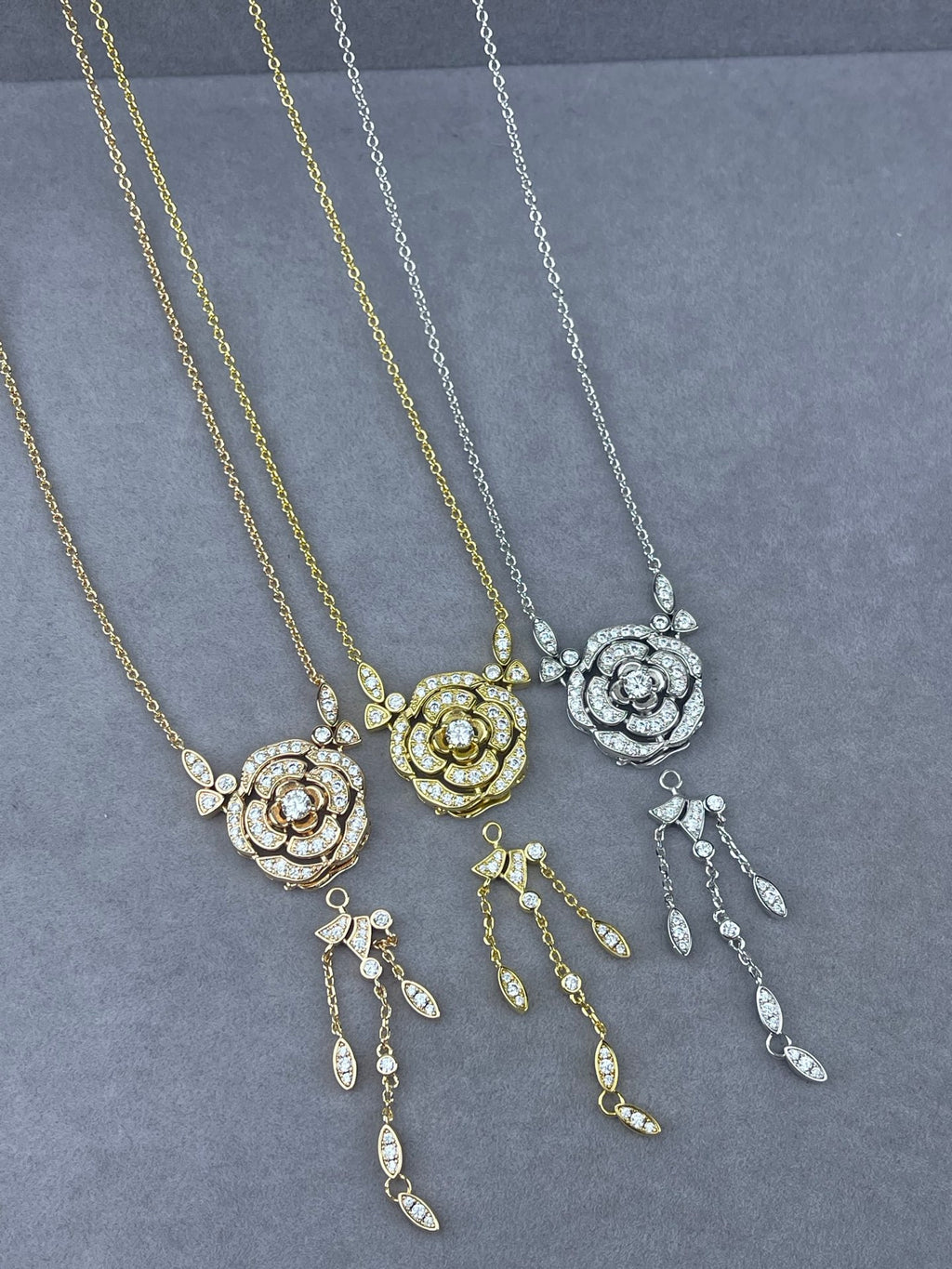 Crystal Pavé Rose Flower Tassel Pendant Necklace