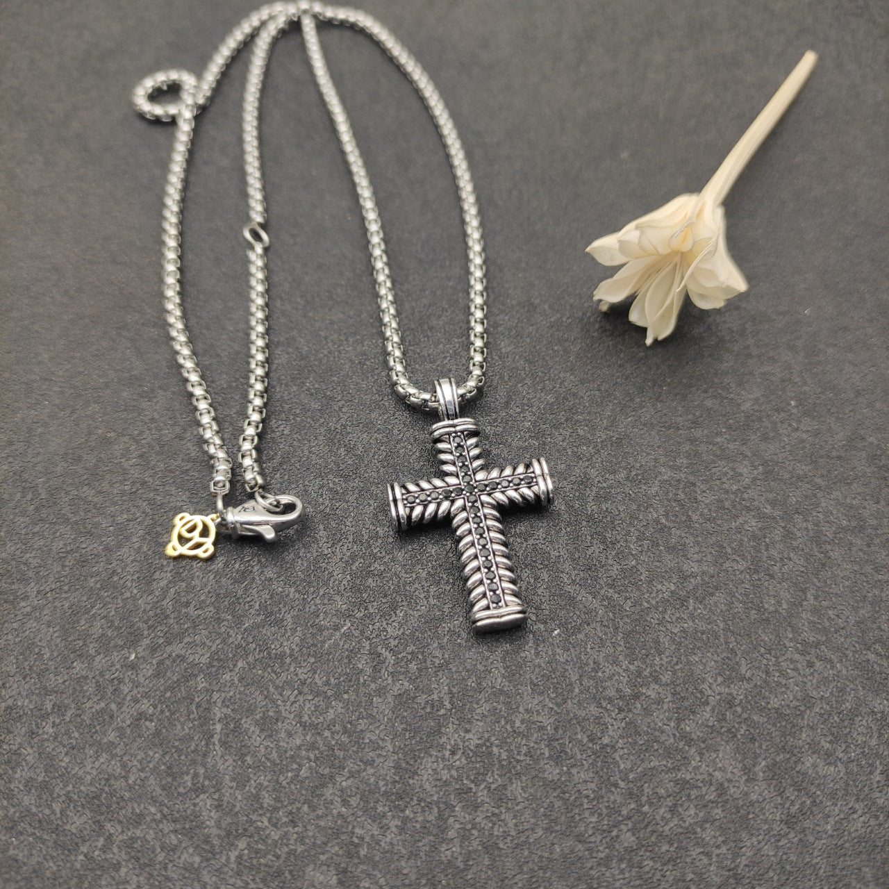 Cable Texture Pavé Cross Pendant Necklace