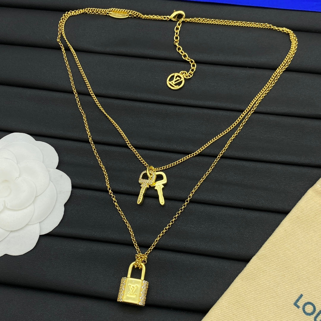 Pavé Lock & Key Double Chain Layered Necklace