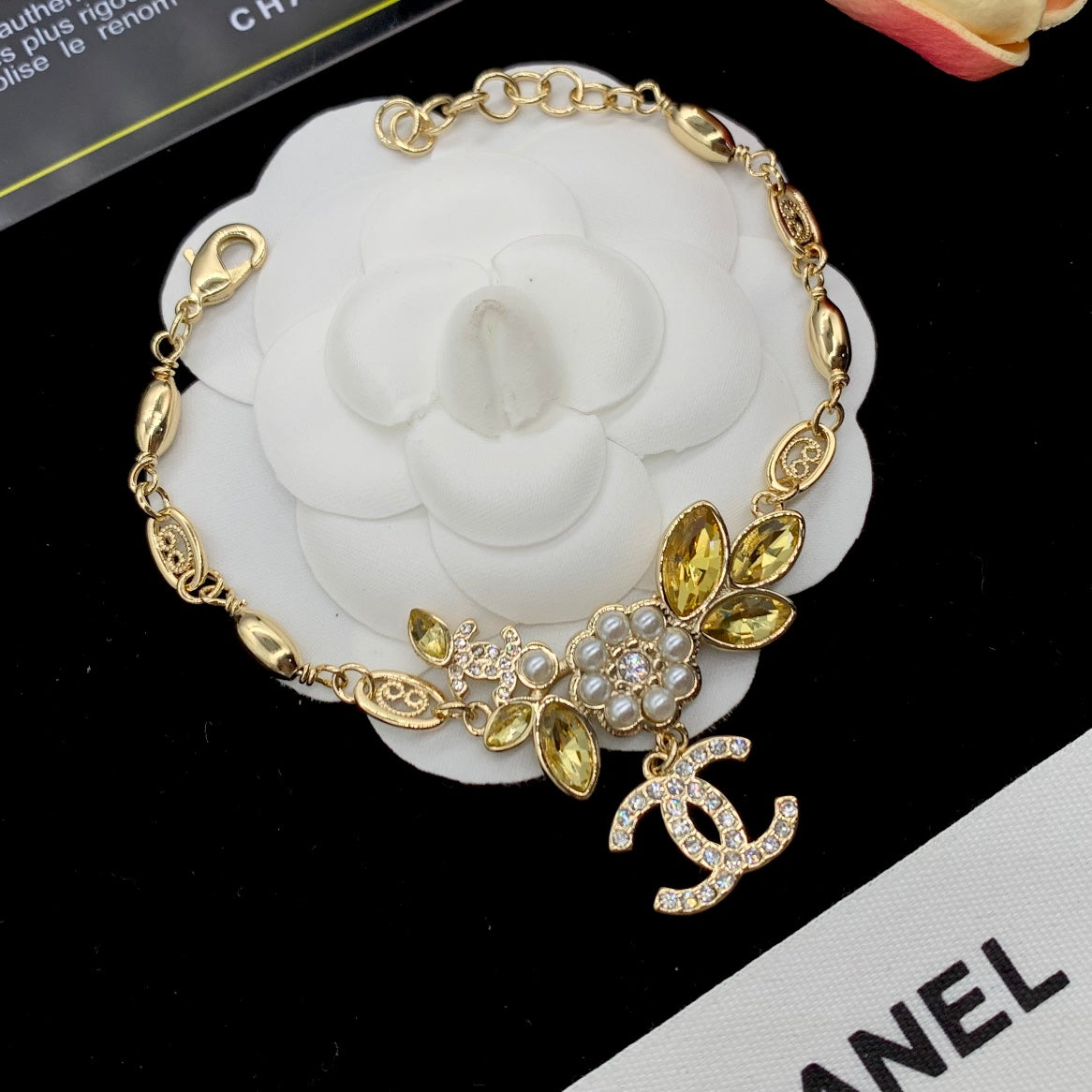 Pearl Floral Cluster & Citrine Leaf Charm Station Chain Necklace & Bracelet Set