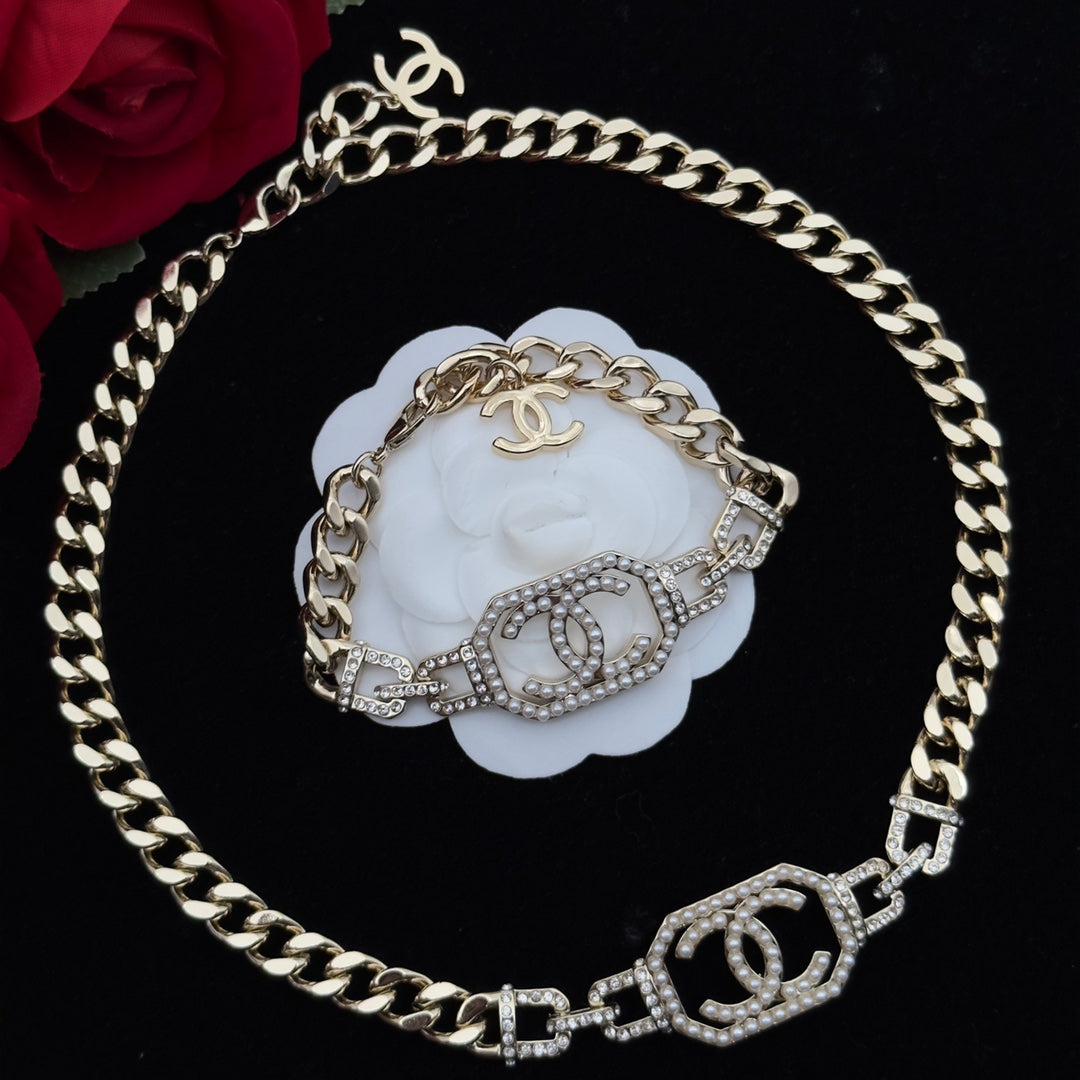 Pearl & Crystal Interlocking Logo Curb Chain Necklace & Bracelet Set