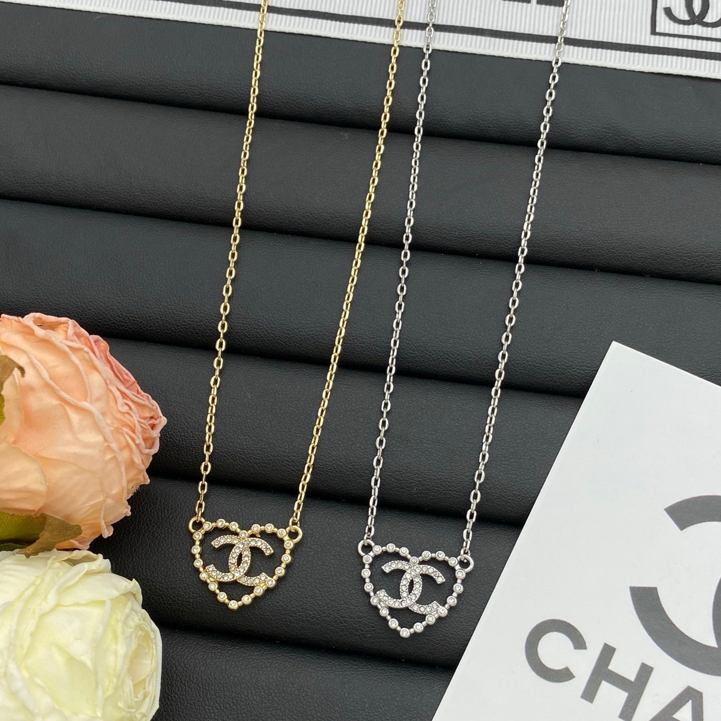 Crystal Heart Outline & Rhinestone Charm Necklace – Gold & Silver