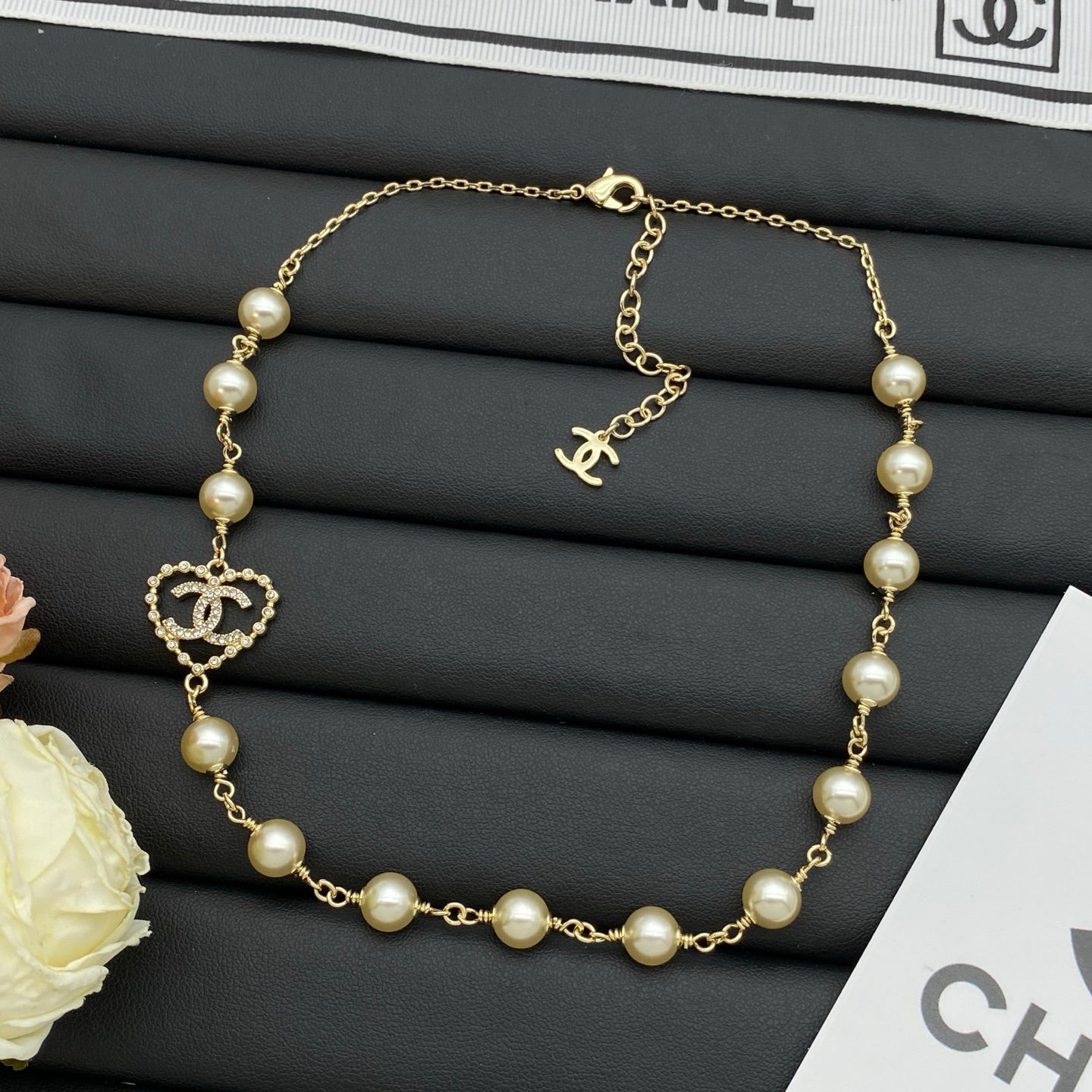Faux Pearl Beaded Long Necklace with Crystal Heart Charm – Gold & Silver