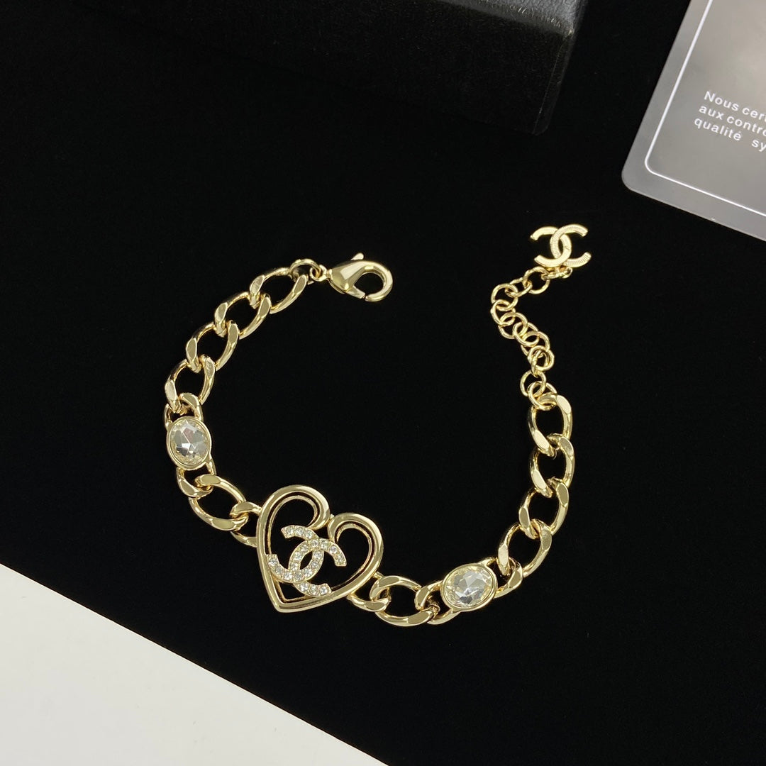 Hollow Heart & Crystal Charm Cuban Chain Jewelry Set