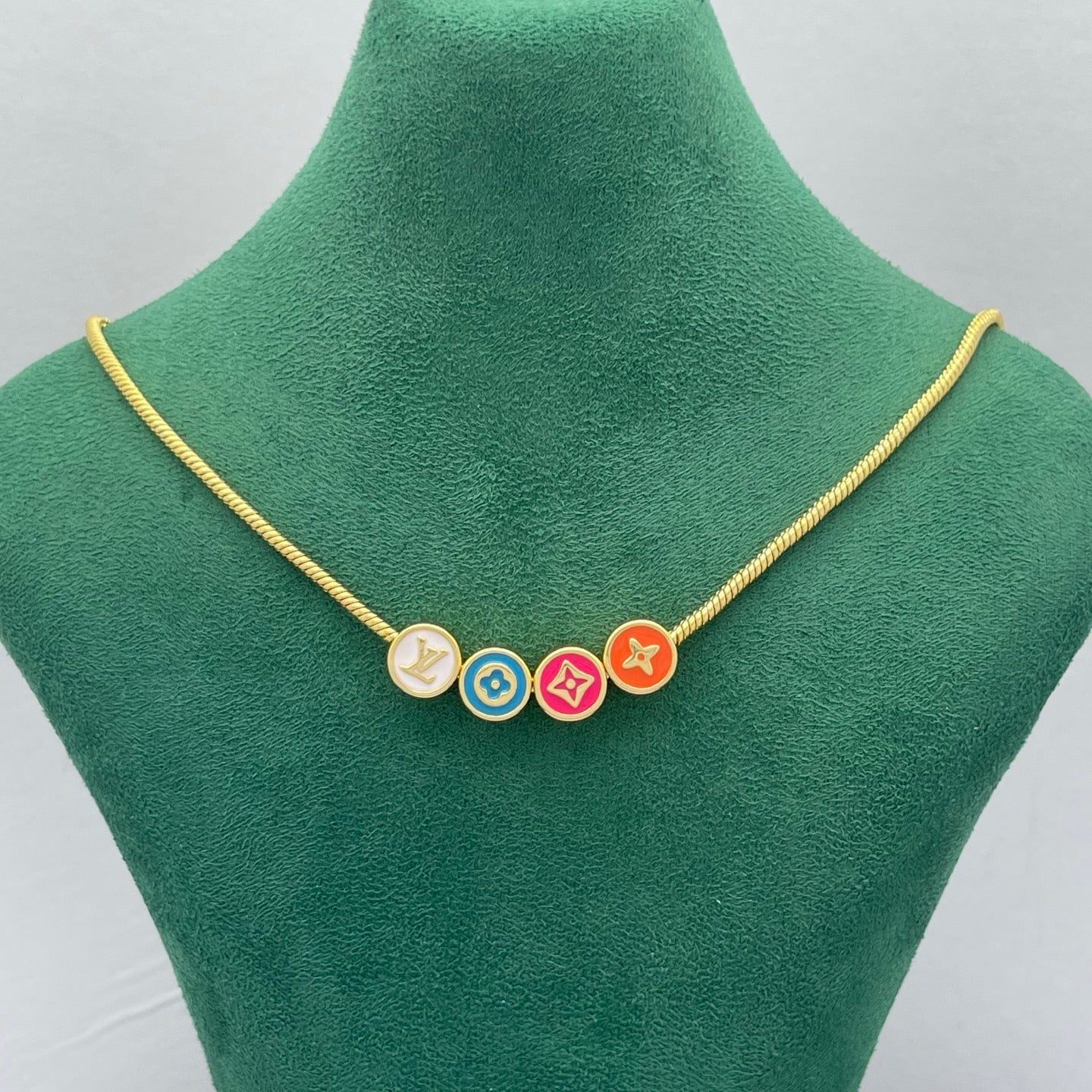 Colorful Enamel Floral Disc Charm Snake Chain Necklace