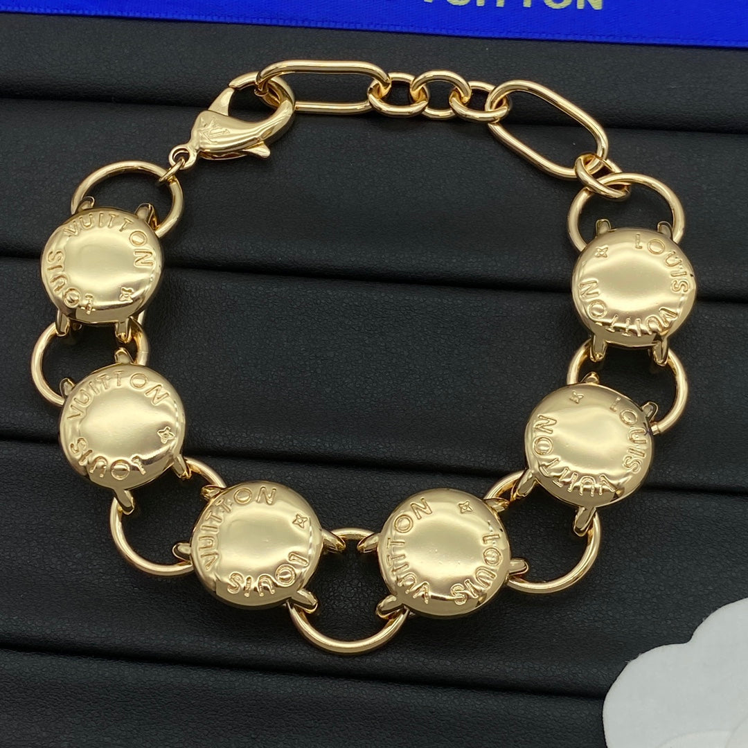 Engraved Coin Disc & Round Link Chain Necklace & Bracelet Set