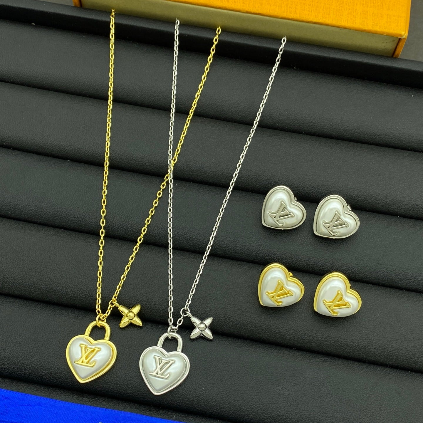 Mother-of-Pearl Heart Lock & Star Flower Charm Necklace & Earring Set