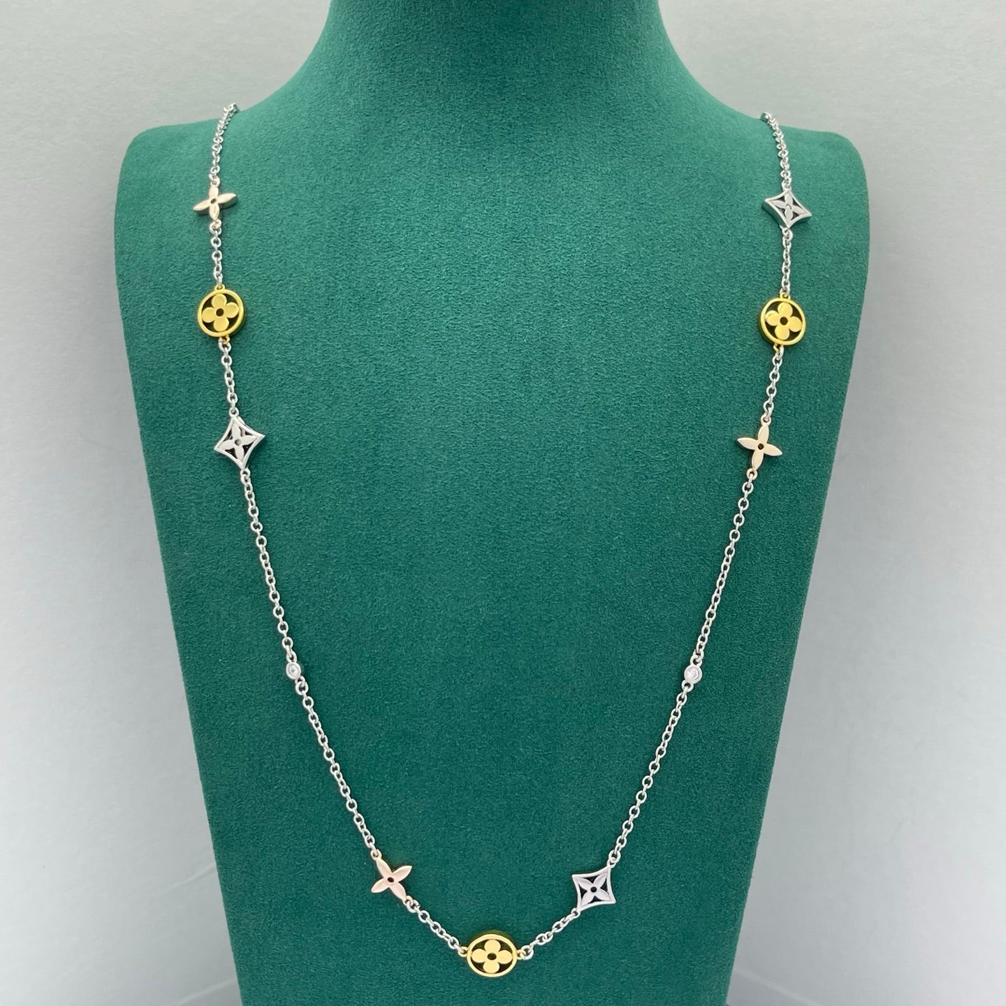 Two-Tone Floral & Star Charm Long Station Necklace