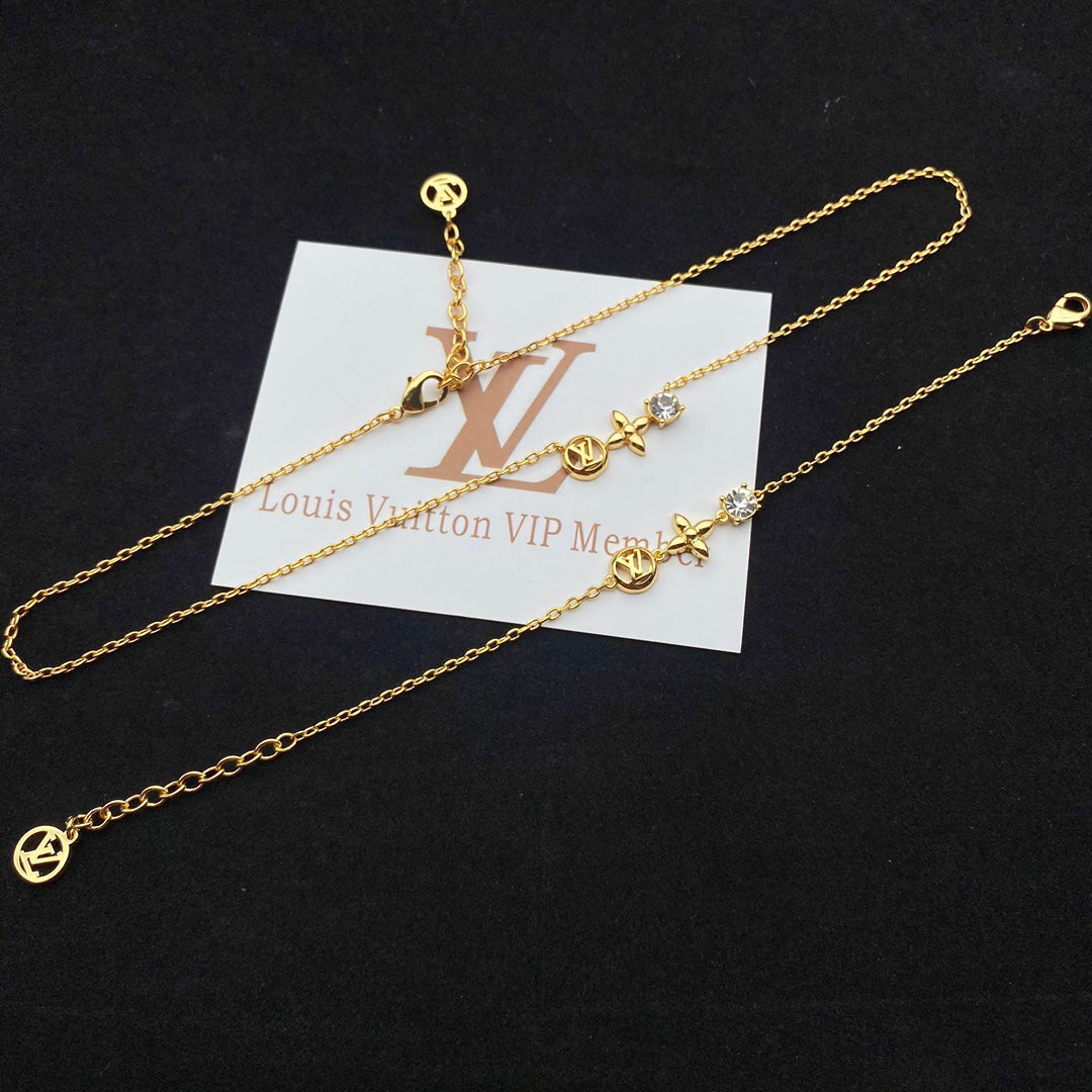 Crystal Flower & Monogram Charm Necklace & Bracelet Set