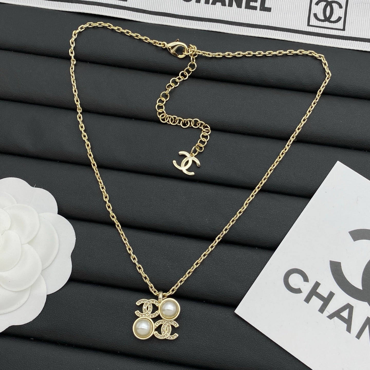 Double Pearl & Crystal Interlocking Charm Pendant Necklace – Gold & Silver