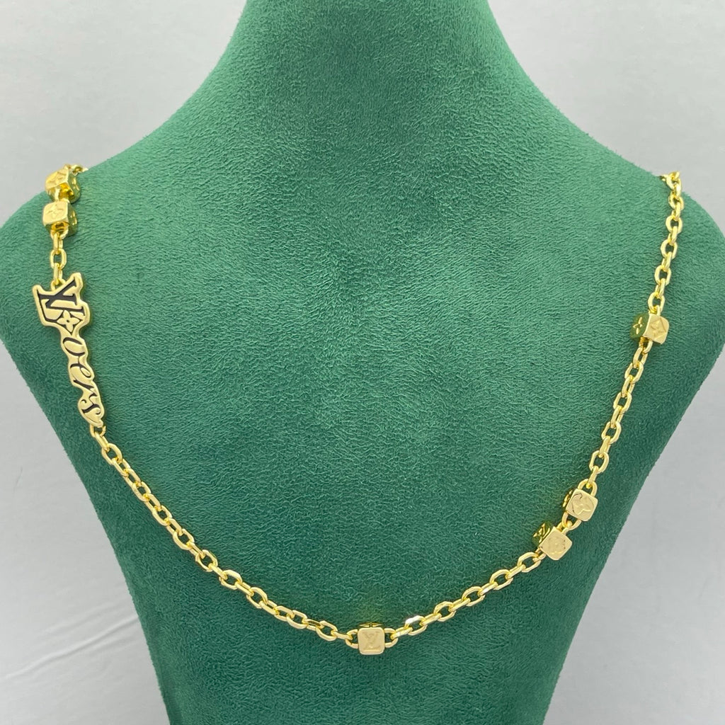 Chunky Link Chain Necklace with Square Bead & Script Charm