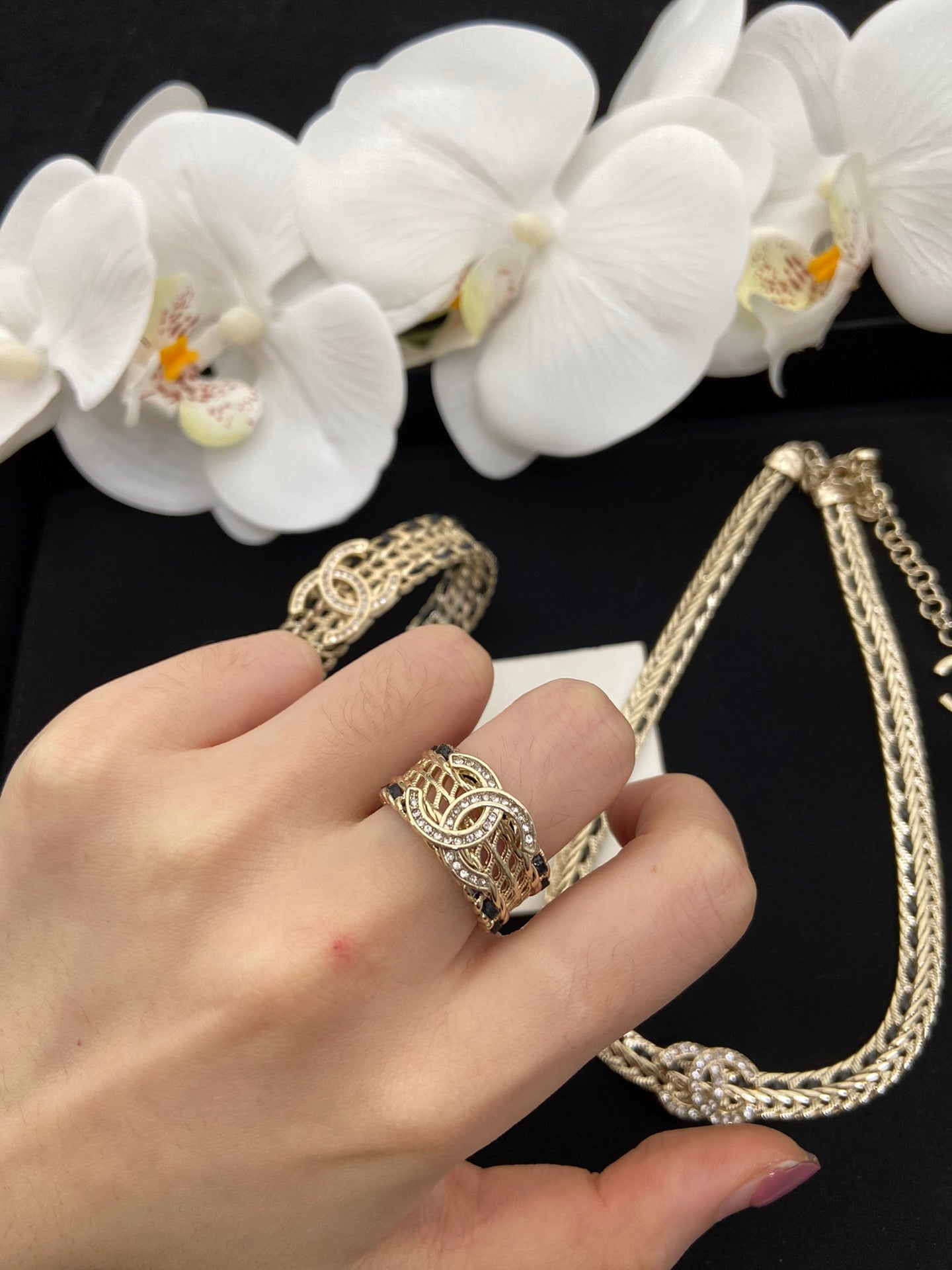 Gold Herringbone Braided Chain Necklace, Wide Mesh Cuff Bracelet & Chain Ring Set