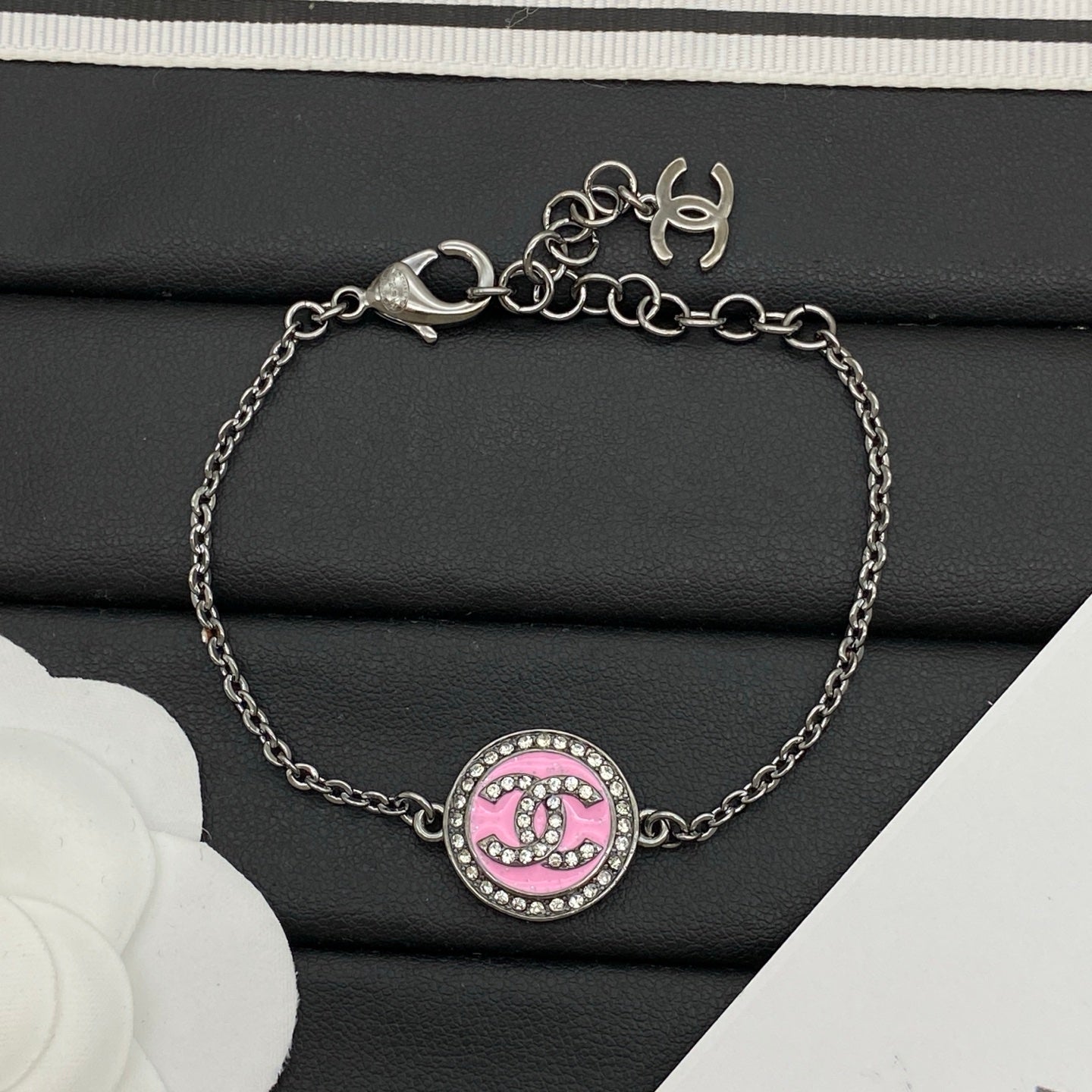 Pink Enamel Circle Logo Jewelry Set | Crystal Halo | Necklace, Bracelet & Stud Earrings | Silver-Tone