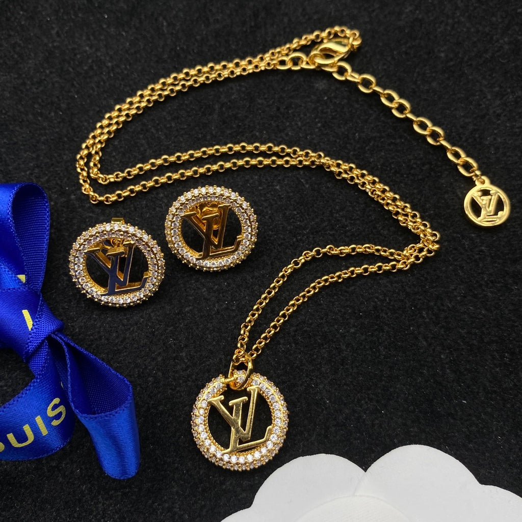 Round Rhinestone Border Logo Letter Charm Necklace & Earring Set