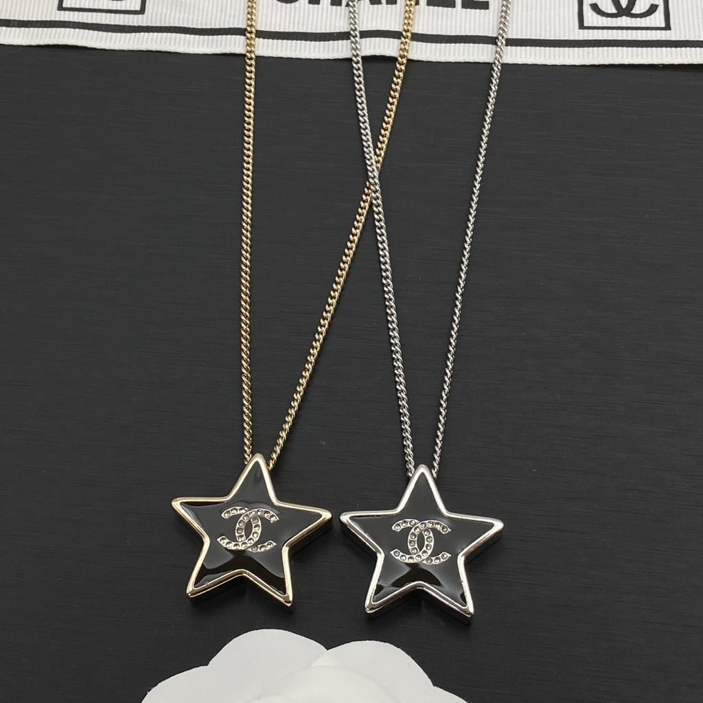 Black Enamel Star Pendant Necklace | Crystal Logo | Gold & Silver Tone