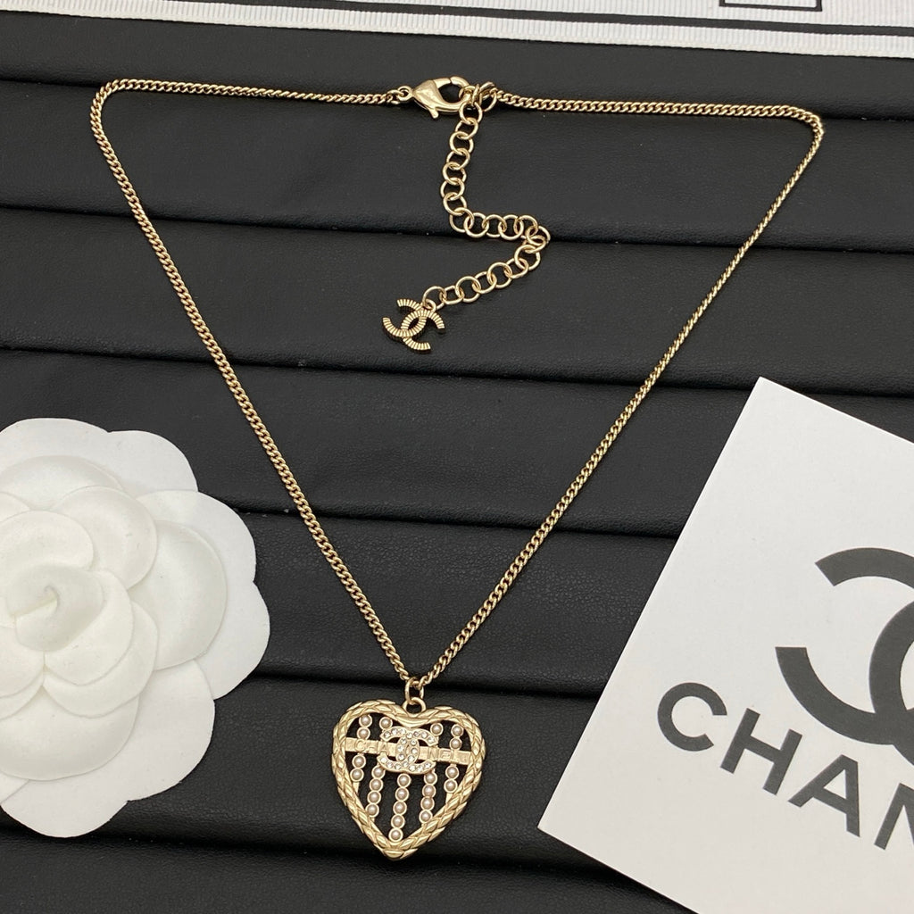 Pearl Grid Heart Pendant Necklace | Crystal Logo | Curb Chain | Gold & Silver