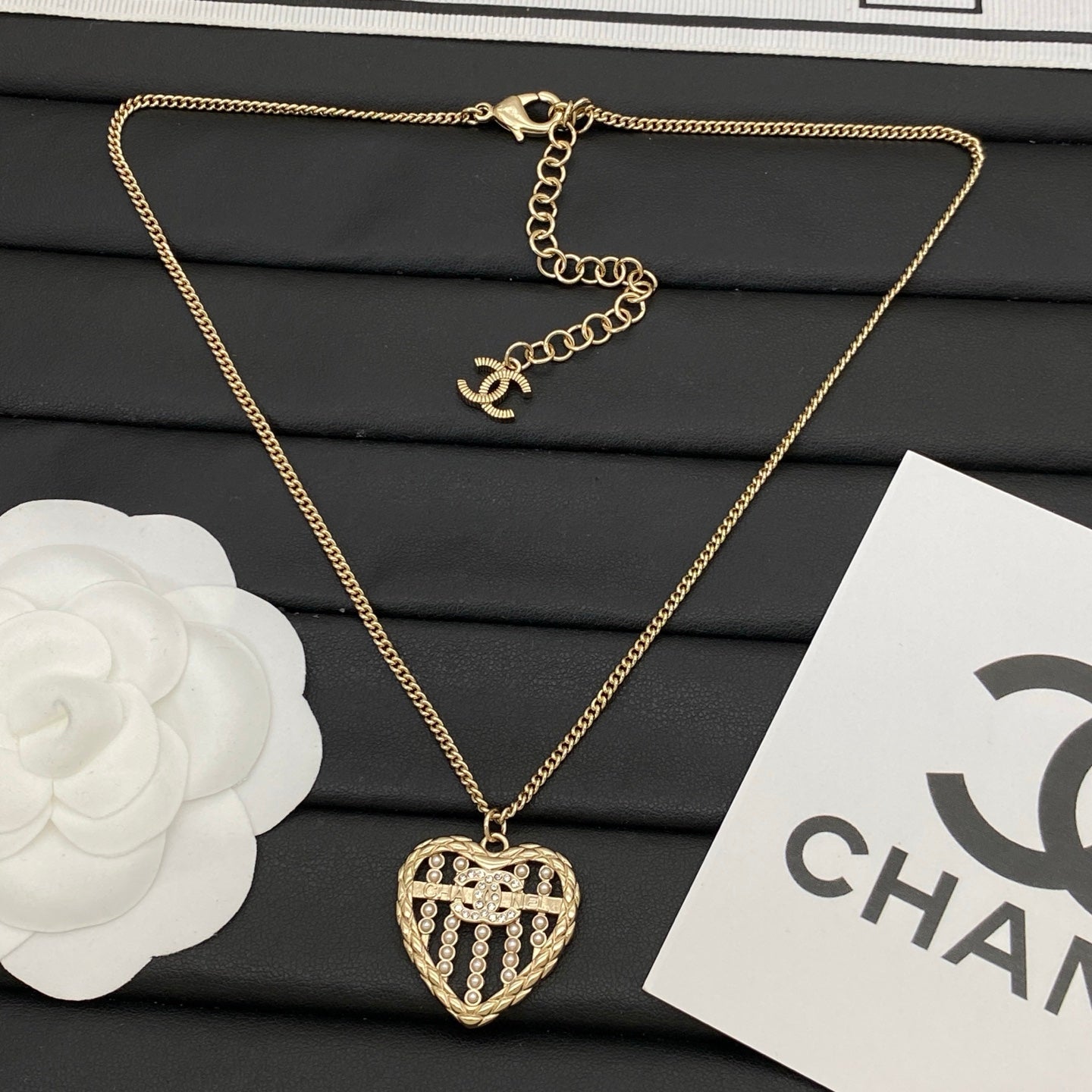Pearl Grid Heart Pendant Necklace | Crystal Logo | Curb Chain | Gold & Silver