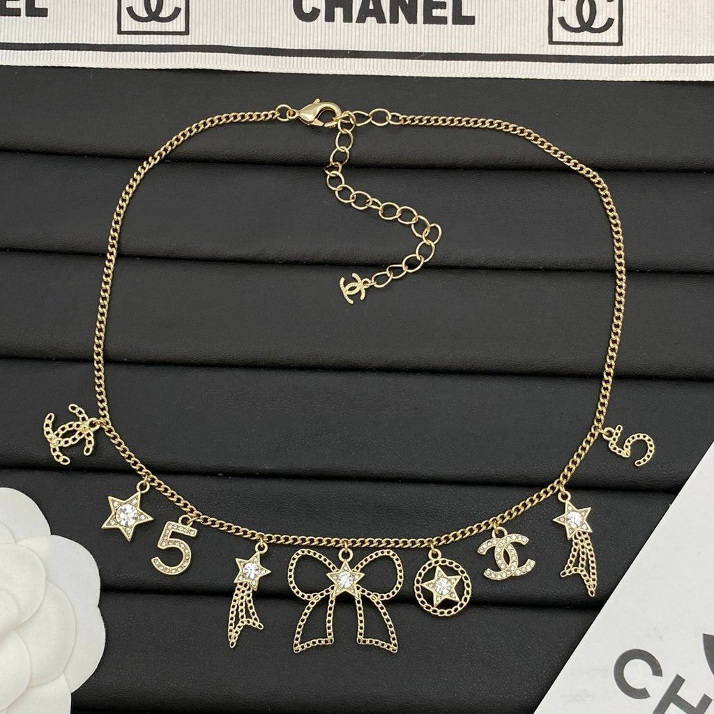 Multi-Charm Station Necklace | Star, Bow & Number Drop | Crystal Accent | Curb Chain | Gold & Silver Tone