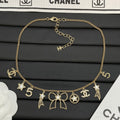 Multi-Charm Station Necklace | Star, Bow & Number Drop | Crystal Accent | Curb Chain | Gold & Silver Tone