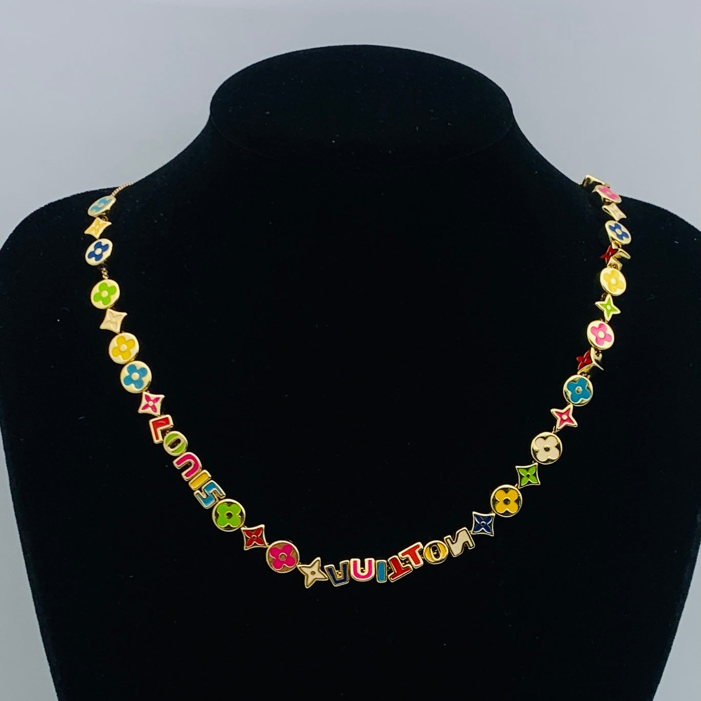 Multicolor Enamel Letter & Clover Charm Station Necklace – Colorful Logo Bead Chain