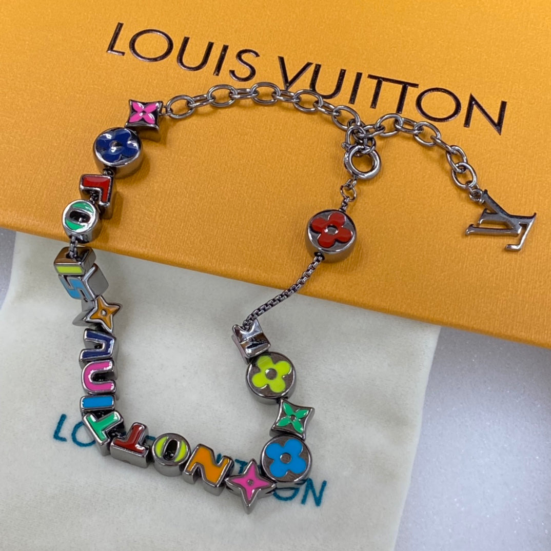 Multicolor Enamel Letter & Clover Charm Station Necklace – Colorful Logo Bead Chain