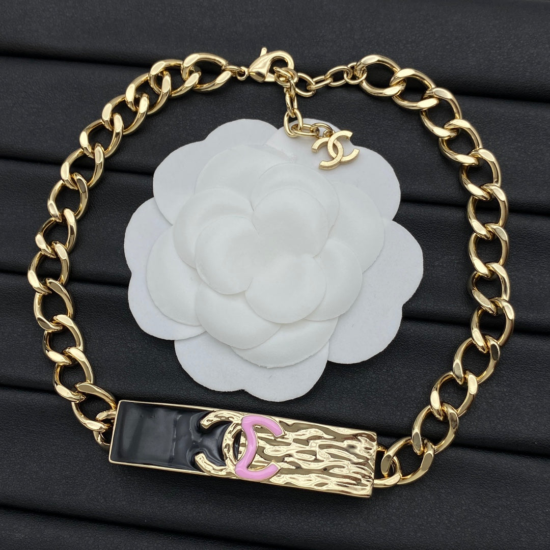 Black Enamel ID Bar CC Logo Chunky Curb Chain Bracelet – White & Pink CC