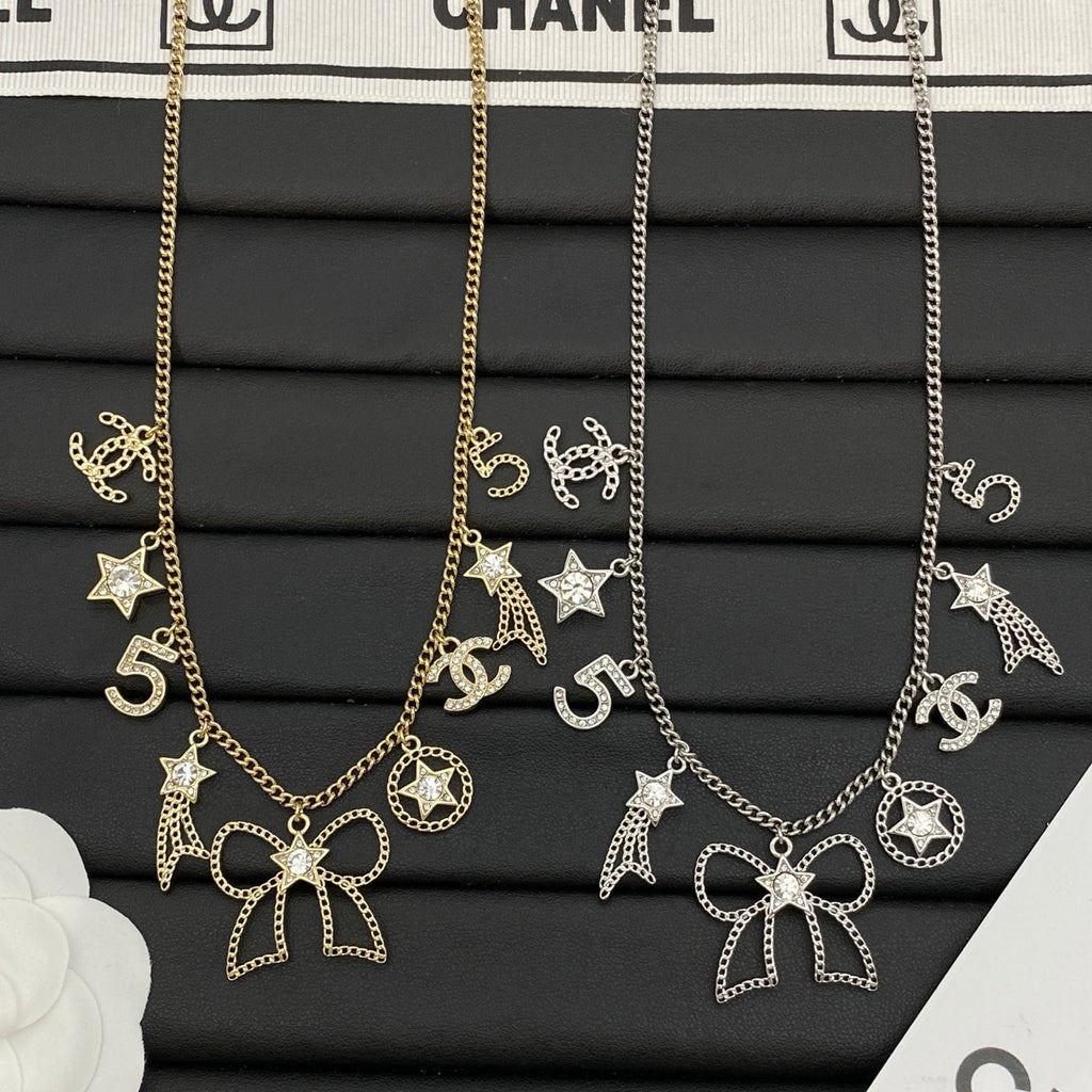 Multi-Charm Station Necklace | Star, Bow & Number Drop | Crystal Accent | Curb Chain | Gold & Silver Tone