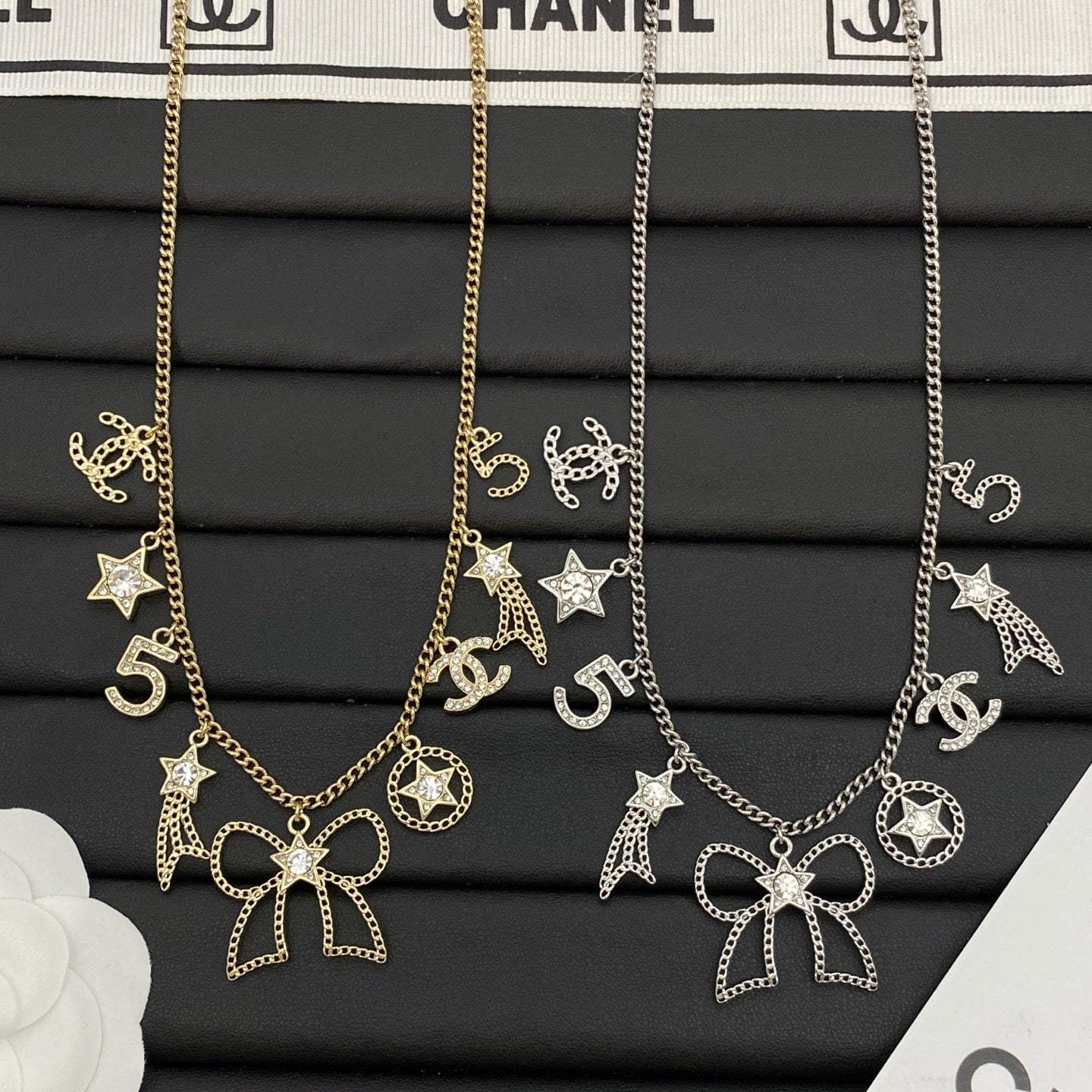 Multi-Charm Station Necklace | Star, Bow & Number Drop | Crystal Accent | Curb Chain | Gold & Silver Tone