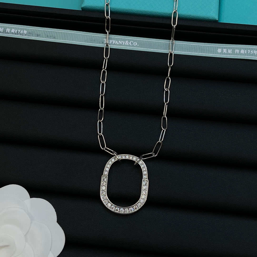 Pavé Crystal Open Square Oval Pendant Paperclip Chain Necklace – 4 Colors
