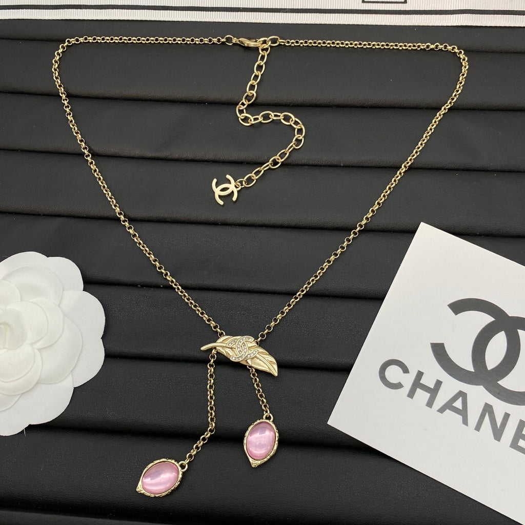 Leaf Logo Pendant Necklace | Pink Oval Stone Drop Tassel | Gold & Silver Tone
