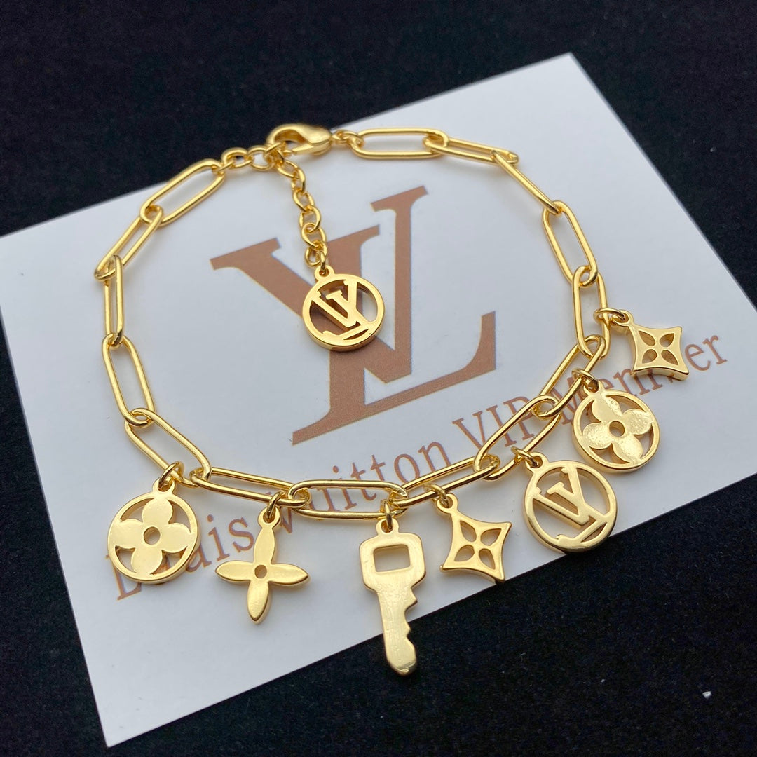 Mixed Monogram Multi-Charm Paperclip Chain Set