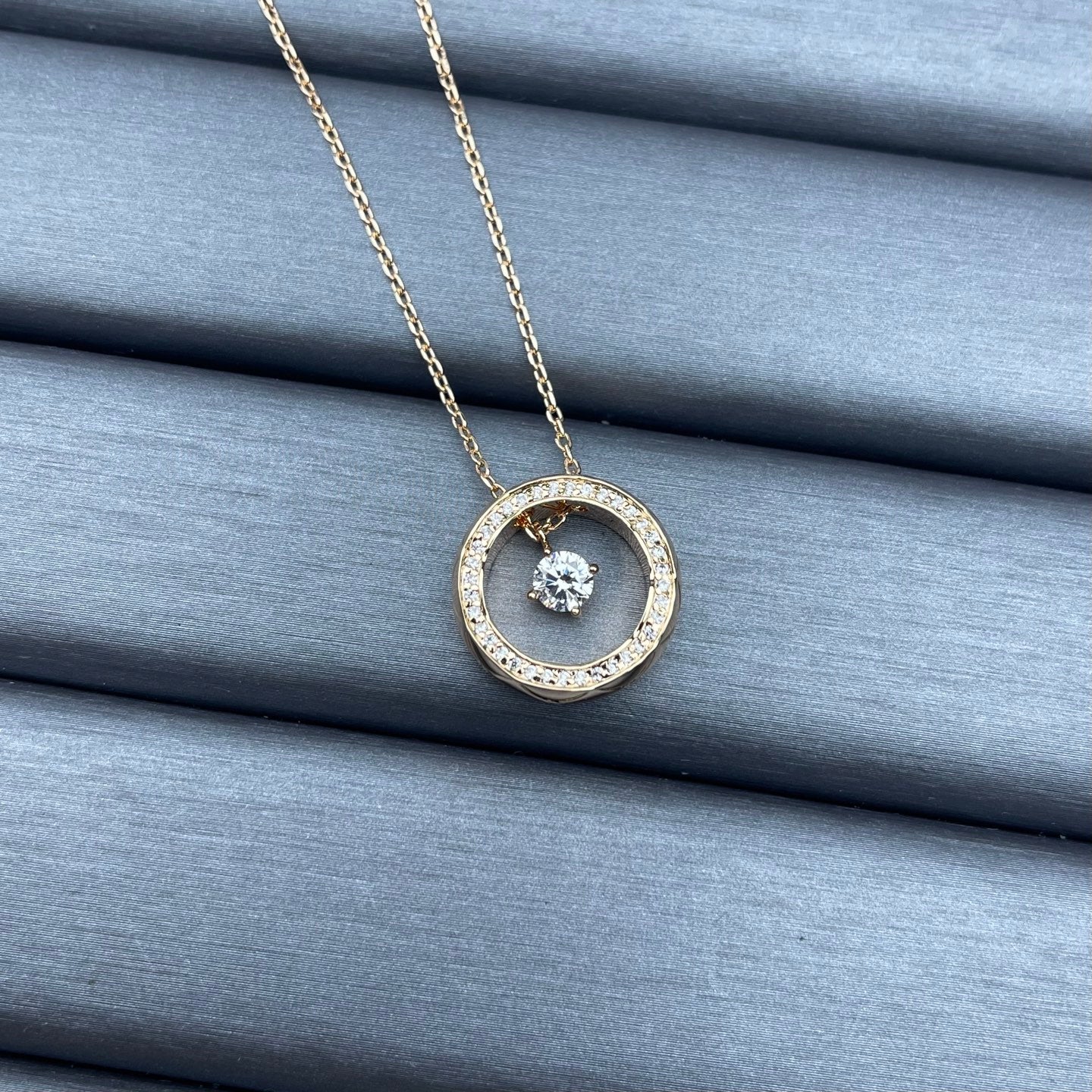 Crystal Pavé Open Circle Floating Solitaire Pendant Necklace